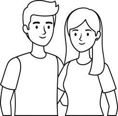 Obraz premium Minimalist black and white line art illustration of a young happy couple smiling together representing love romance partnership friendship and youth lifestyle concept