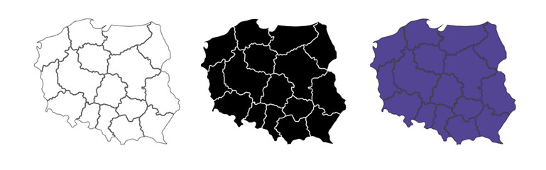 Fototapeta premium A set of vector maps of Poland with prefecture boundaries in three styles