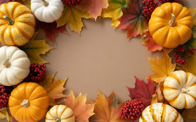 Fototapeta premium Autumn Pumpkin and Flower Frame on Wooden Background with Copy Space