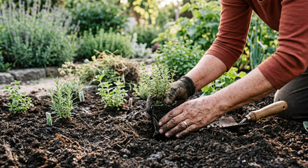 Fototapeta premium Hands planting small plants in soil, symbolizing environmental restoration, sustainability, and eco-friendly community initiatives.