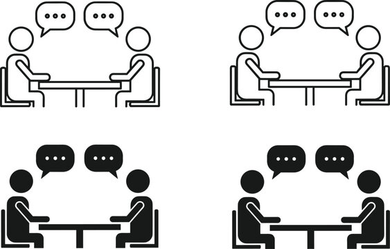 Vector Collection of Minimalist Stick Figure Icons Showing Two People Sitting at Table Having Conversation with Speech Bubbles Representing Communication Interview Coaching and Dialogue
