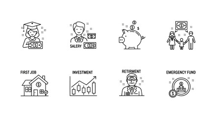 Fototapeta premium Personal Finance Line Icon Set Illustrating Life Stages and Wealth Management Strategy