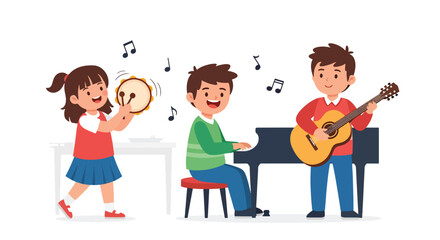 Flat style vector illustration of children learning music with instruments like guitar and piano, joyful classroom activity promoting creativity and artistic education © Sheraz