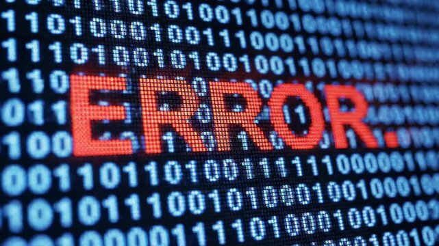This features a computer screen displaying an error message with binary code in the background, highlighting technical difficulties and system malfunctions in a futuristic and vibrant digital