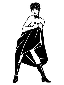 Shy Pin Up Girl. Black and white vector clipart in pop art style.