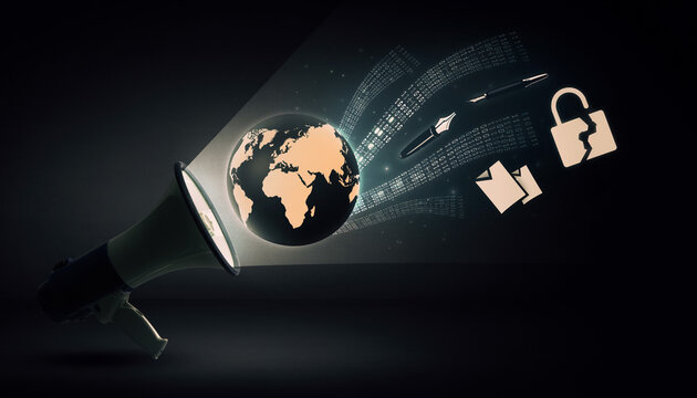 World Press Freedom Day - Global communication and information security concerns represented by a megaphone emitting digital data and icons of an open lock and a padlock
