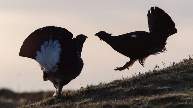 Two dark grouse birds interacting in silhouette on a grassy ridge against a pale sky.