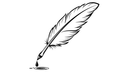 Minimalist black line vector icon of a classic feather quill pen with an ink drop and puddle, hand-drawn illustration on a white background for literature, writing, history, and creative design. © Uzzal