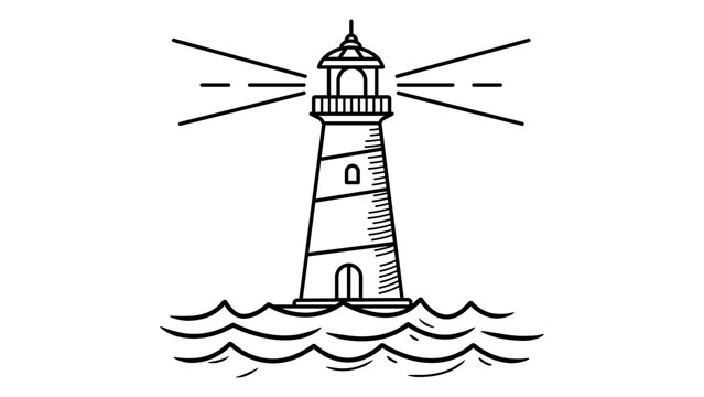 Minimalist black line vector icon illustration of a lighthouse beacon standing amidst sea waves, featuring a hand-drawn outline style on a white background for nautical navigation and coastal themes.