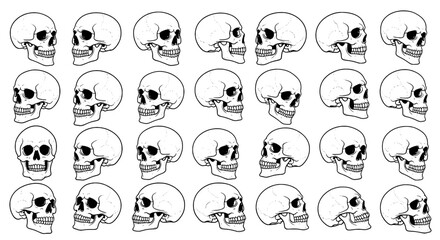 Fototapeta premium Skulls illustration set with multiple black and white human skulls facing right in rows and columns, detailed line art, various expressions