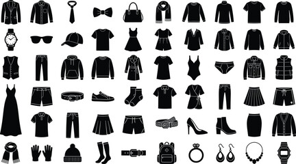 Obraz premium Black clothiMega Collection of Fashion Apparel and Clothing Accessories Icons Featuring Black Silhouette Garments Shoes Jewelry and Bags Isolated on White Background for Retail Graphic 