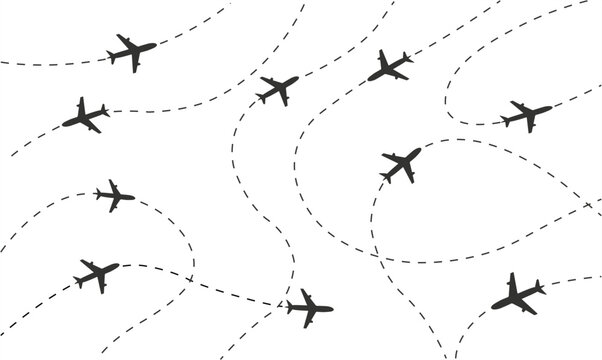 Airplane Flight Route Seamless Pattern with Dotted Path Lines &ndash; Minimal Travel Aviation Background Vector