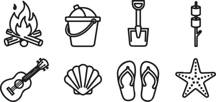 A collection of eight line drawings depicting various kitchen tools and utensils Vector