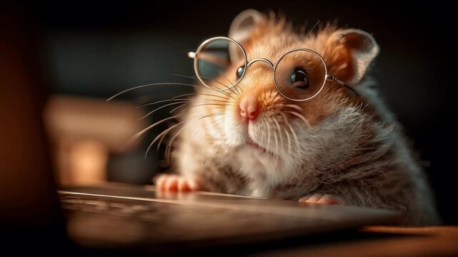 Funny hamster wearing glasses working on laptop