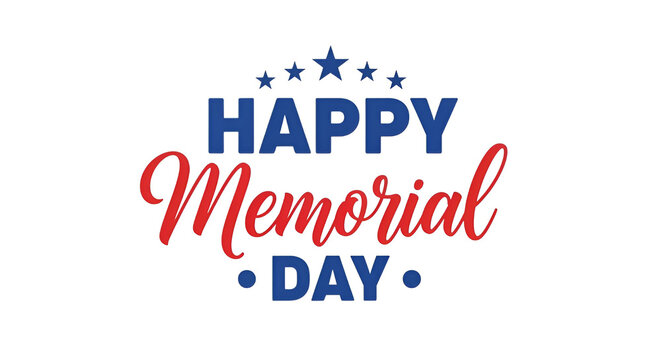 Happy Memorial Day greeting with blue stars and red white text.