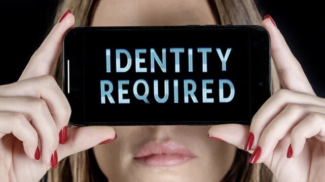 female with holding a smart phone with identity required
