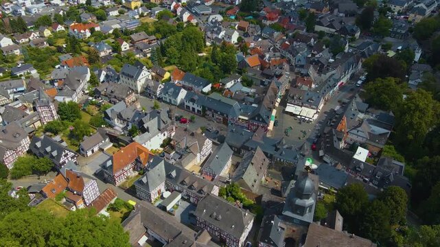 Aerial view of the old town and castle of the city Braunfels in Germany, hesse on a sunny spring day.