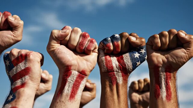 This captures a powerful moment of unity and solidarity with diverse fists raised high, each painted with the American flag, set against a clear blue sky with scattered clouds, symbolizing patriotism