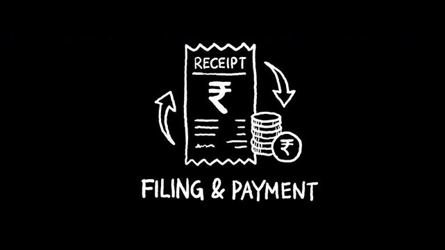 Hand drawn Indian Rupee receipt and coin stack for tax filing and payment, 4k animated video, alpha transparent video