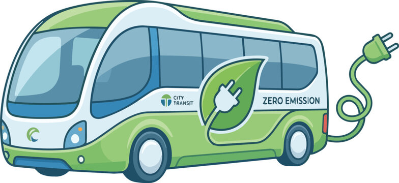 Electric City Bus Concept Featuring Eco-Friendly Green Leaf Decal and Power Plug Tail Representing Sustainable Future Urban Transportation Isolated