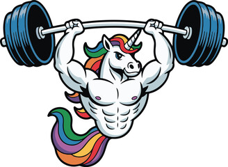 Muscular Cartoon Unicorn Lifting Heavy Barbell, Strong Mythical Creature Fitness Mascot Vector © icon center