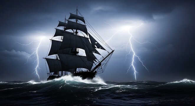 Ancient sailing ship battling a violent thunderstorm at sea with lightning strikes with pirate ship with crashing waves