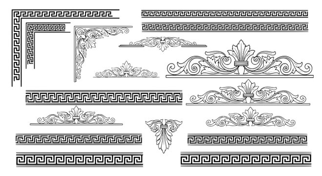 Borders ornate set with greek key and floral patterns in black and white line art featuring decorative frames, design elements, vector graphics with