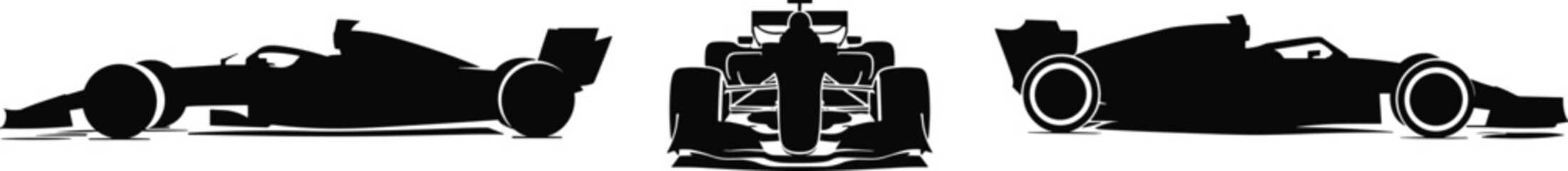 Obraz premium Dynamic black silhouette of a modern Formula 1 racing car from side and front perspectives for motorsport and speed themes