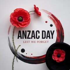 Anzac day graphic design with poppies and wreath on white background