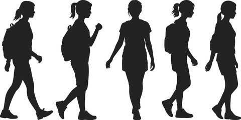 Group of female silhouettes walking with backpacks, showcasing different gaits and styles for travel or education themes © Sarjia Worlds
