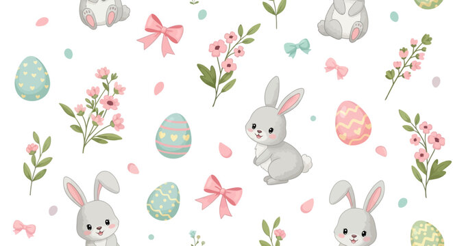 A vibrant Easter seamless pattern features bunnies, eggs, and floral elements on a white background, displaying a colorful array of pastel colors and delicate details suitable for wrapping