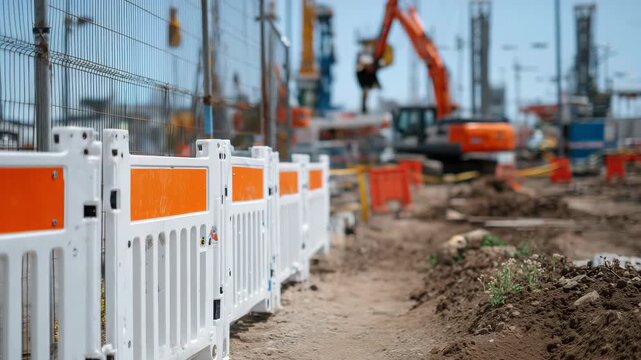 Detailed close-up of modular plastic barriers and metal fencing panels forming a secure perimeter around an active work site, rough dirt and gravel textures beneath, warning signs