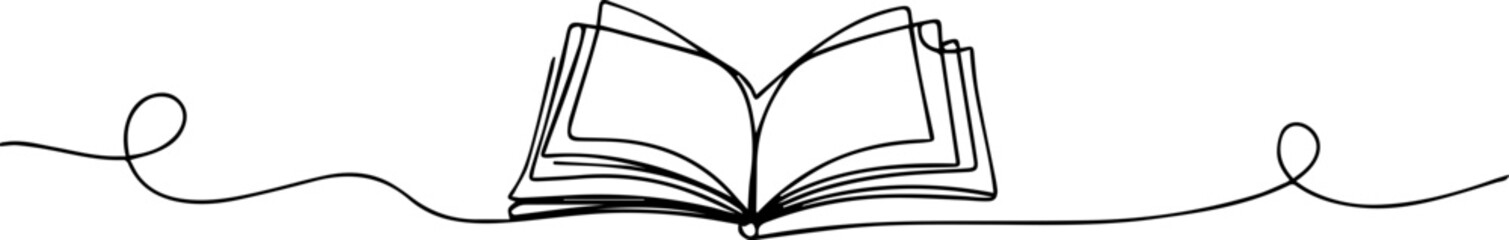 open book continuous one line drawing, Opened book with flying page and stars in one continuous line drawing, symbolizing magic of reading, Continuous one line drawing of book opening vector graphic © SREEMOTIJANOTA