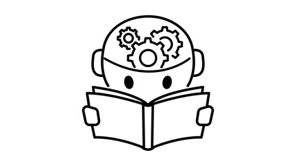 Fototapeta na wymiar Machine learning vector icon with a minimalist black line illustration of a robot head with gears reading a book, symbolizing artificial intelligence, automated education, and deep learning.