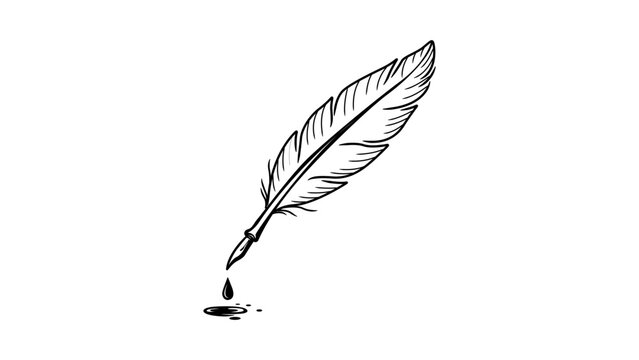 Minimalist black line vector icon illustration of a vintage feather quill pen with a drop of ink and puddle, hand-drawn sketch style on a white background for literature, writing, and art design.
