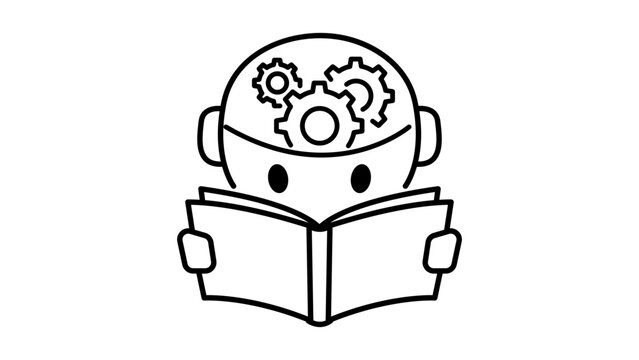 Machine learning vector icon with a minimalist black line illustration of a robot head with gears reading a book, symbolizing artificial intelligence, automated education, and deep learning.