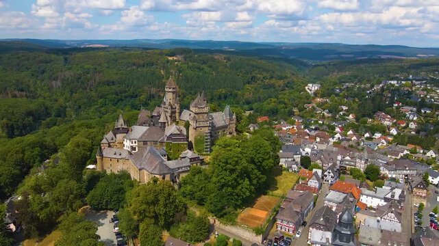 Aerial view of the old town and castle of the city Braunfels in Germany, hesse on a sunny spring day.