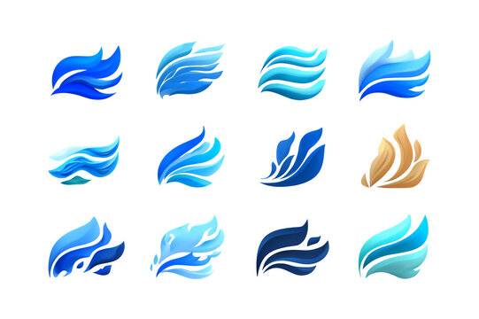 Set of abstract wave logos and icons in various shades of blue and brown.