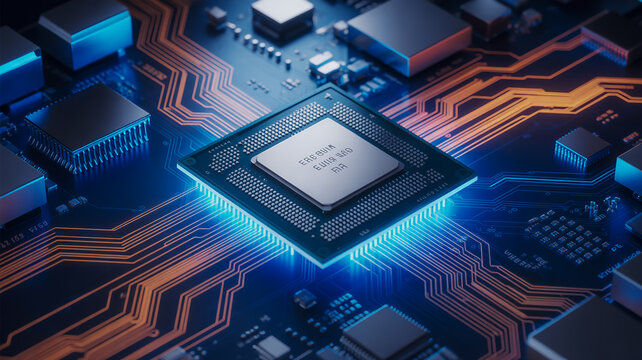 Close up macro of a computer processor with glowing circuits and heat sink integrated circuit