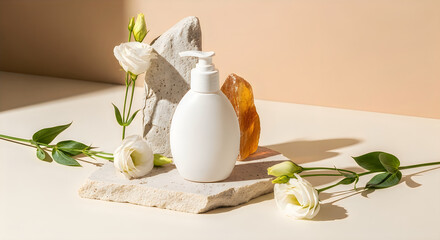 White cosmetic bottle on beige stone with white flowers and natural elements