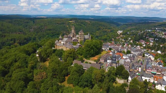 Aerial view of the old town and castle of the city Braunfels in Germany, hesse on a sunny spring day.