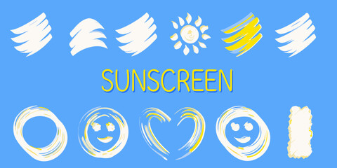 Fototapeta premium Abstract sun designs and the word sunscreen in bright yellow hues