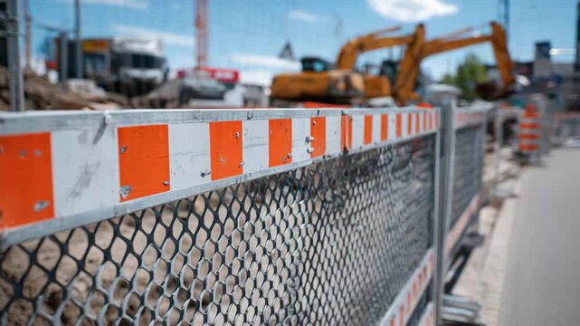 Detailed photorealistic close-up of interlocking steel barriers and plastic mesh fencing marking a construction site, sunlight casting sharp shadows along the barrier edges, warnin