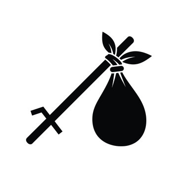 Minimalist black silhouette of a traditional bindle knapsack tied to a wooden stick, symbolizing homelessness, wandering, or a simple journey on a white background.