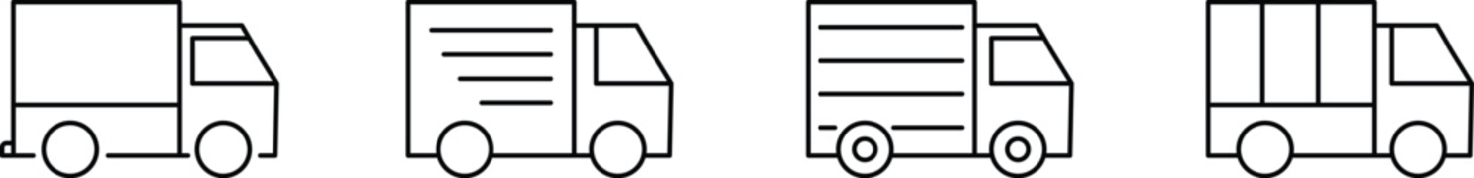 Truck icon set for delivery and logistics, Minimalist delivery vehicle outline vector graphics, Simple cargo truck symbol design elements for shipping apps. Editable stroke.