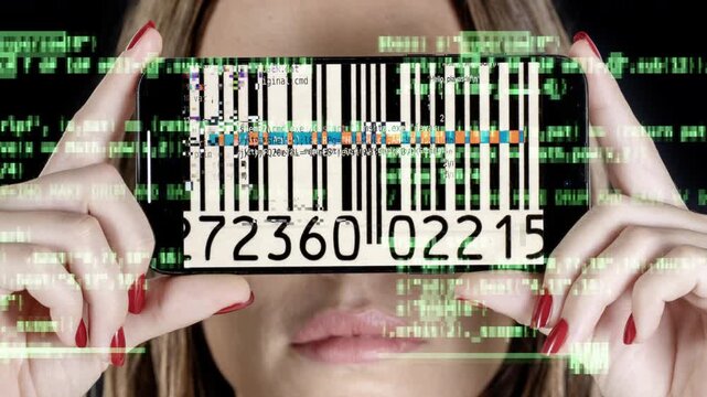 female with holding a smart phone with barcode