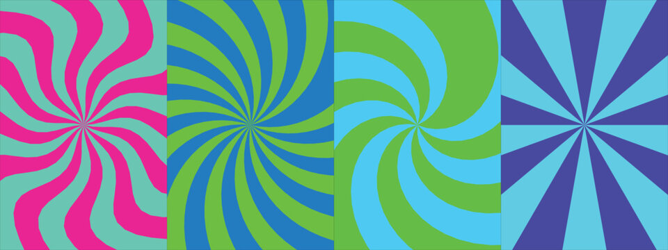 Bright colorful swirling abstract backgrounds with hypnotizing patterns and vibrant sunburst designs