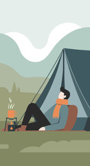 Obraz premium Serene Outdoor Camping Experience With Warm Beverage And Scenic Mountain Backdrop