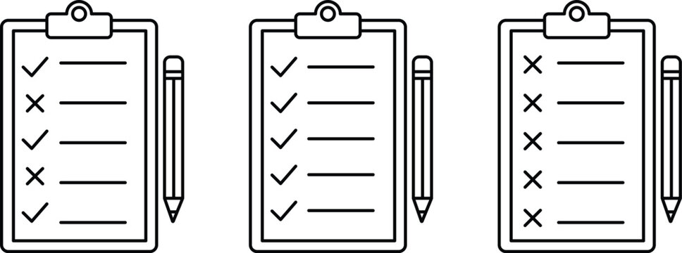 Clipboard icon minimalist line art set with pencil, Task list checklist outline vector graphics for project management, Simple questionnaire survey symbol for web and app. Editable stroke.