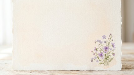 Fototapeta premium Delicate watercolor painting of a small bouquet of purple wildflowers on textured parchment paper, soft pastel tones, and natural light.